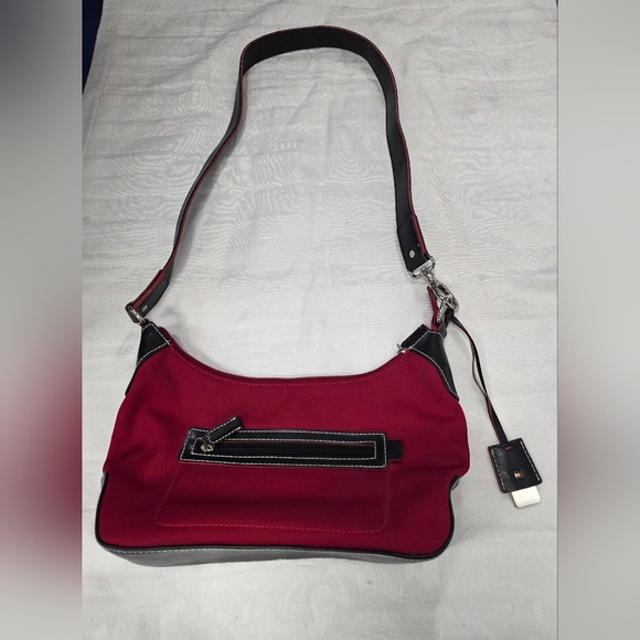 VINTAGE Tommy Hilfiger Red Canvas Hobo Bag | Y2K Sporty Chic - Picture 2 of 10